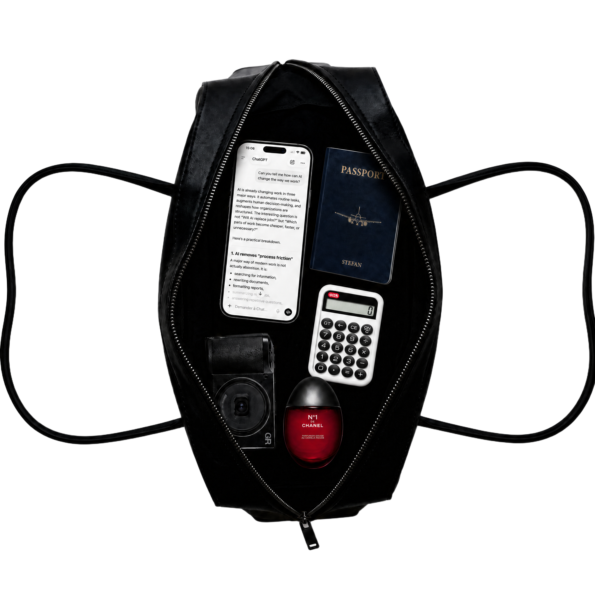 Open black bag with work objects inside